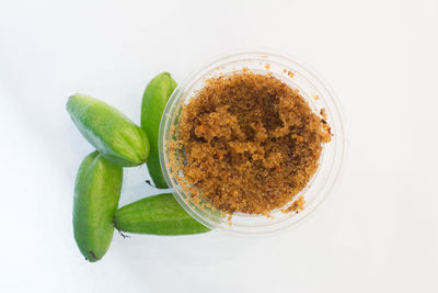 High angle view of food against white background