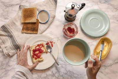 High angle view of breakfast on table