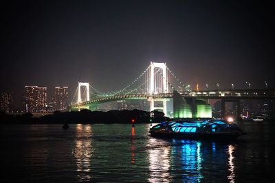 Illuminated bridge over river with city in background at night