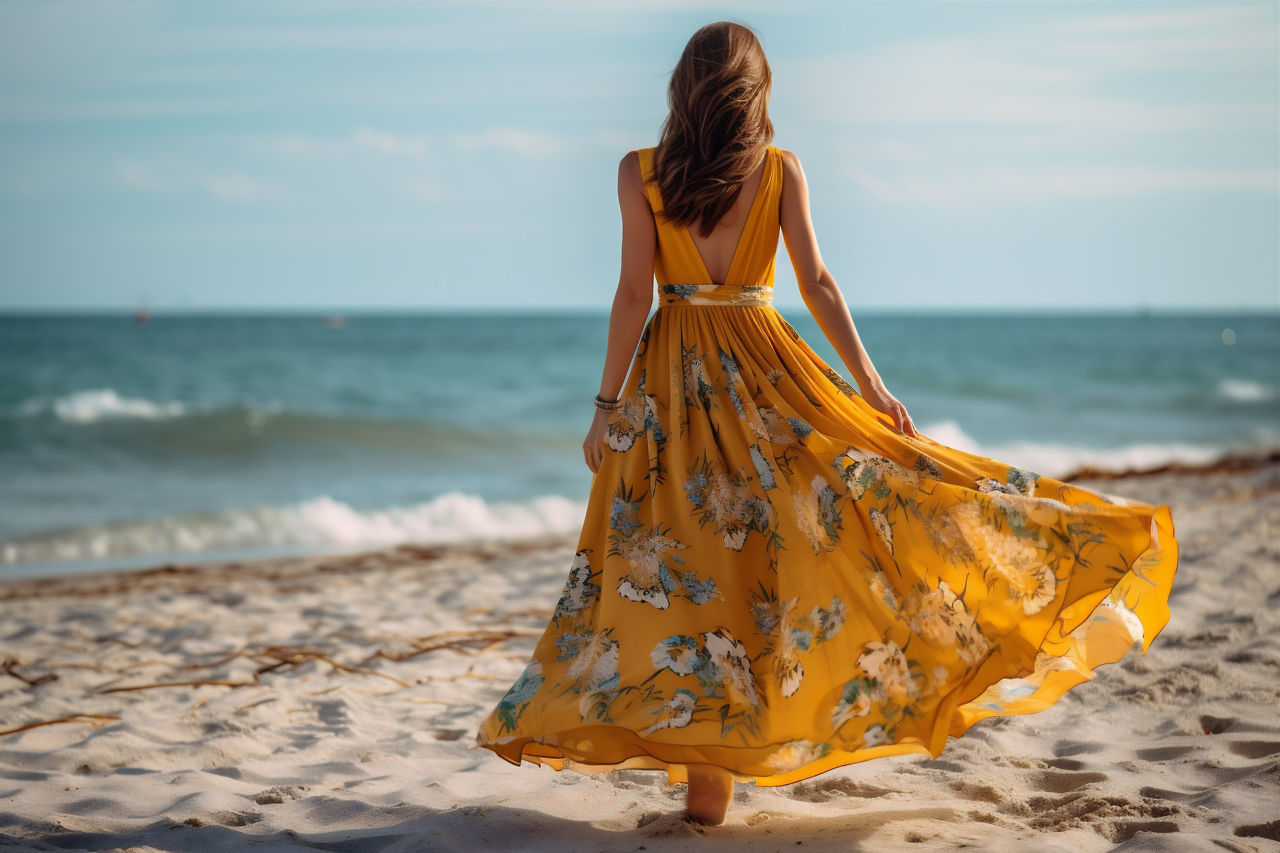 land, sea, beach, water, one person, yellow, women, adult, clothing, sky, nature, long hair, hairstyle, horizon over water, horizon, rear view, young adult, fashion, dress, sand, beauty in nature, leisure activity, full length, motion, vacation, trip, holiday, standing, lifestyles, spring, photo shoot, wave, female, outdoors, tranquility, day, scenics - nature, walking, relaxation, blue, sunlight, brown hair, summer, solitude