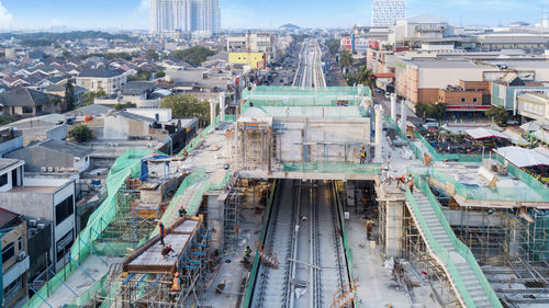 High angle view of railroad tracks in city