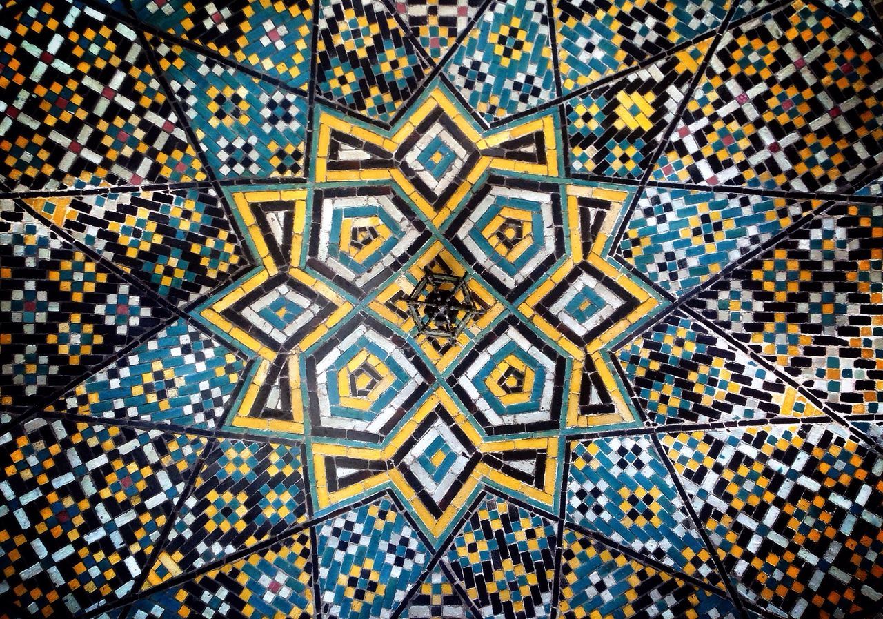 pattern, indoors, design, architecture, built structure, full frame, architectural feature, ceiling, backgrounds, low angle view, ornate, geometric shape, tile, famous place, tiled floor, no people, repetition, blue, shape, wall - building feature