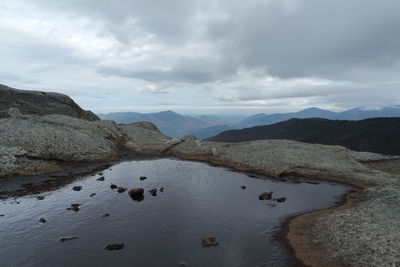 Scenic view of sea and mountains against sky