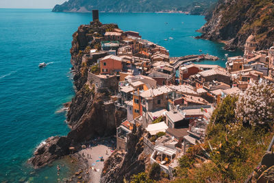 High angle view of town by sea