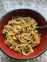 High angle view of noodles in plate on table