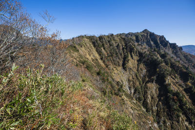 Scenic view of rocky mountains against clear sky