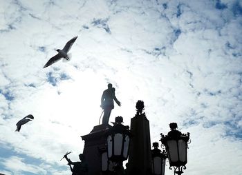 Silhouette man with birds against sky