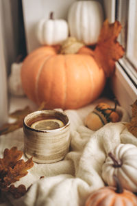 Cozy autumn morning still life scene. steaming cup of hot tea standing near the window. 