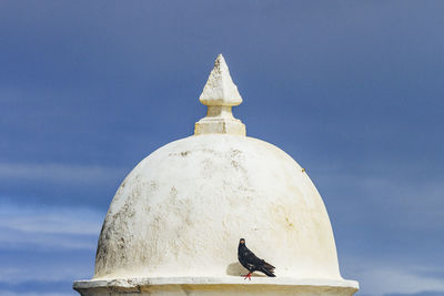 Low angle view of bird perching on statue against sky