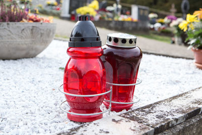 Close-up of red drink on table