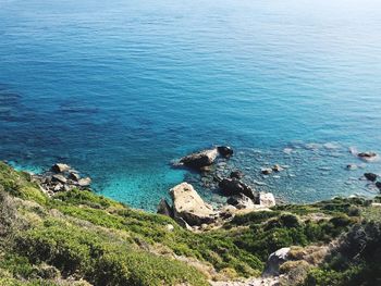 High angle view of rocks and sea