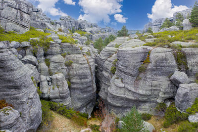 Rock formations on landscape against sky