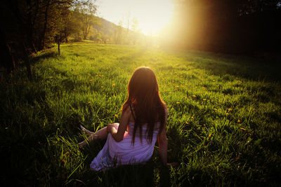 Rear view of woman sitting on field