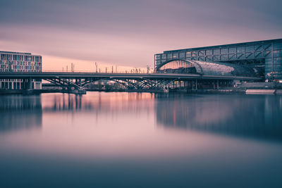 Bridge over river at sunset