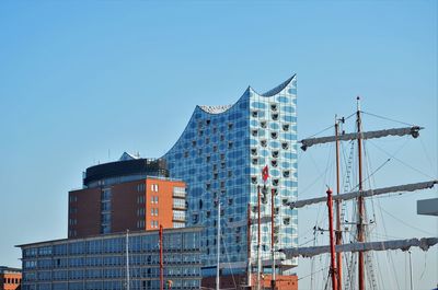 Low angle view of buildings against clear sky