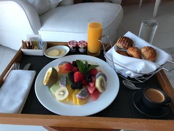 High angle view of breakfast served on table