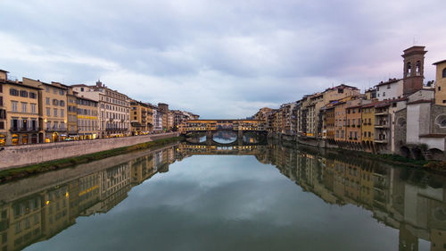 Bridge over canal in city against sky