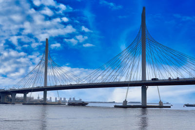 Suspension bridge over river against sky