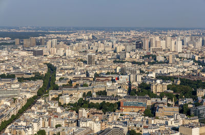 High angle view of buildings in city against clear sky