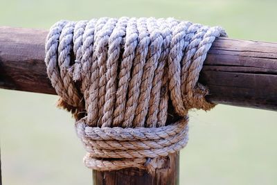 Close-up of rope tied on wooden post