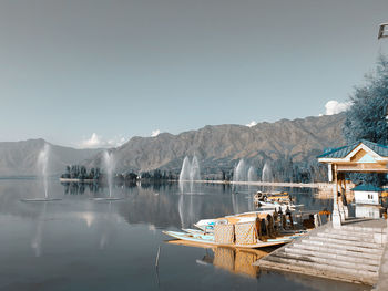 Panoramic view of lake against clear sky