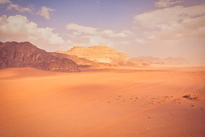 Wadi rum desert scene in jordan. wide angle view of dramatic landscape