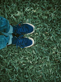 High angle view of shoes on field