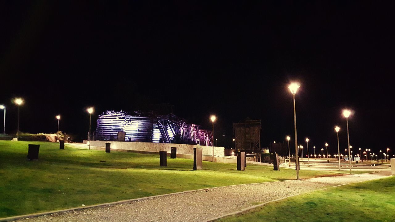 illuminated, night, street light, lighting equipment, grass, empty, clear sky, built structure, tree, architecture, the way forward, absence, sky, outdoors, road, building exterior, street, copy space, transportation, green color