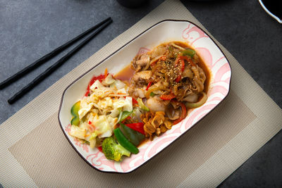 High angle view of meal served on table