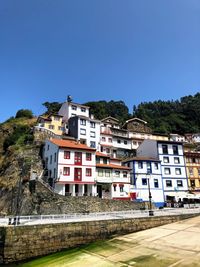 Buildings against clear blue sky