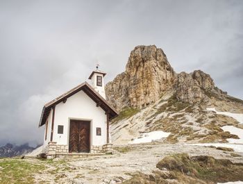 Small white chapel, may 26 2018. tre cime national park dolomites mountains italy