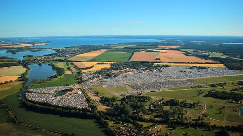 High angle view of agricultural field against sky