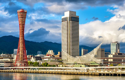 View of modern buildings against cloudy sky