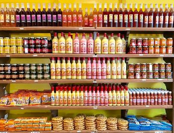 Various bottles on display at store