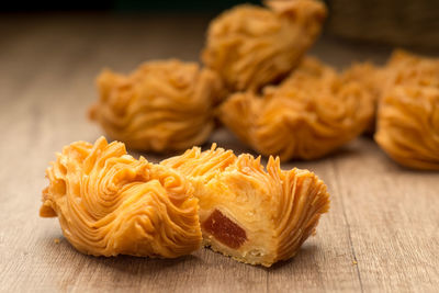 Close-up of dessert on wooden table