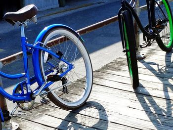 High angle view of bicycle parked on sidewalk