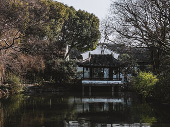 Reflection of trees and buildings on lake