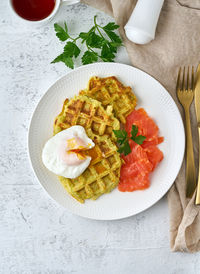 High angle view of breakfast served on table