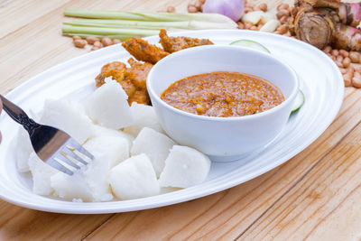 High angle view of food in plate on table