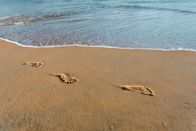 Texture sand and footprints near the water on the beach.