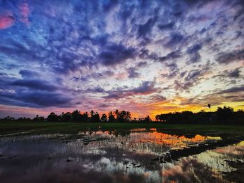 Scenic view of lake against sky during sunset