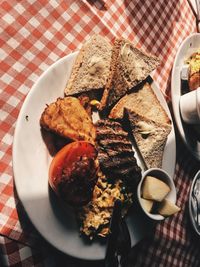 High angle view of breakfast served on table