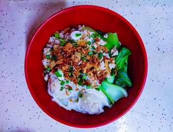 High angle view of salad in plate on table