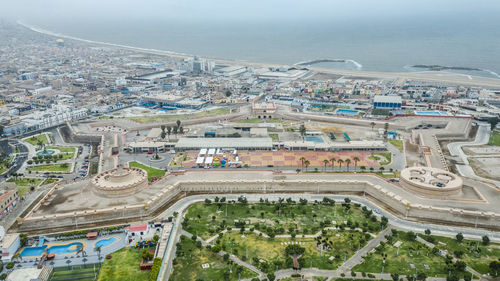 High angle view of road amidst buildings in city