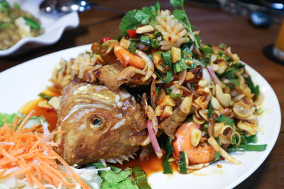 High angle view of meal served on table