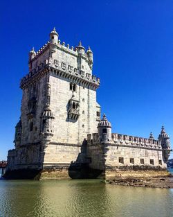 Low angle view of castle against clear blue sky