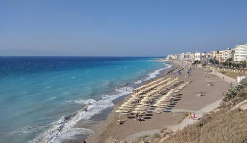 High angle view of beach against clear blue sky