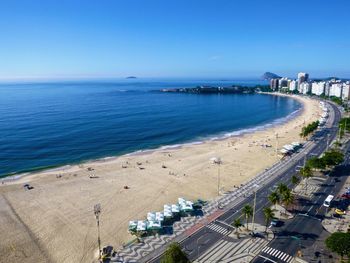 High angle view of beach against clear blue sky