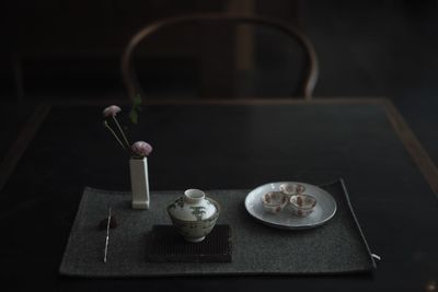 High angle view of tea cup on table