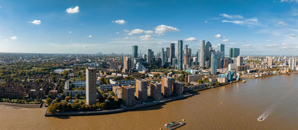 Aerial panoramic skyline view of canary wharf, the worlds leading financial district in london, uk.